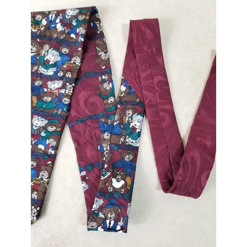Ho Ho Ho Men Tie Christmas Teddy Bear Burgundy Silk Holidays Vintage Collectible